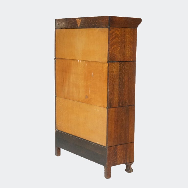 Antique Arts & Crafts Three Stack Oak Barrister Bookcase; Desk & Paw Feet; c1910