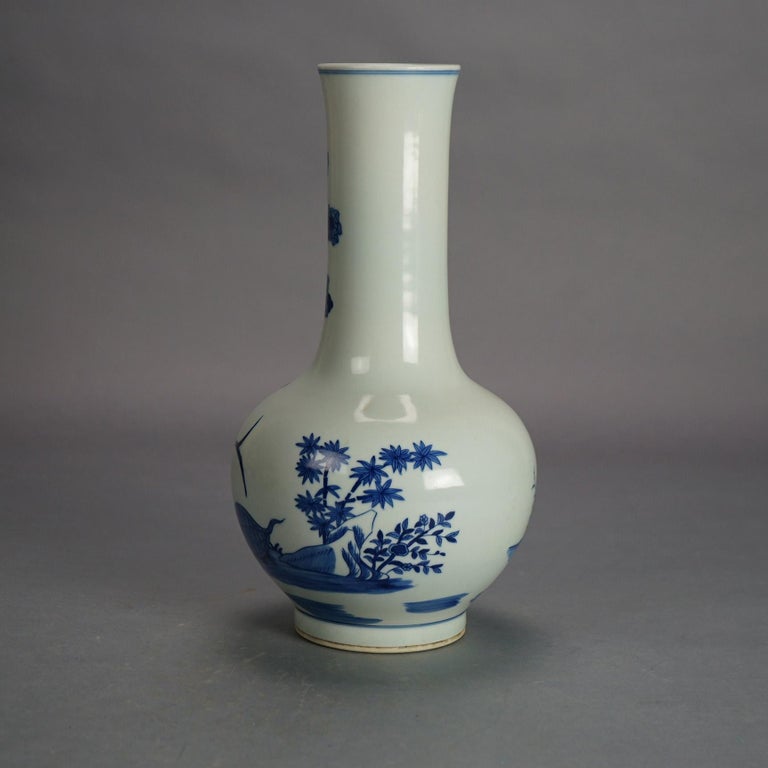 Chinese Blue & White Pottery Bottle Vase with Garden Scene & Deer 20thC