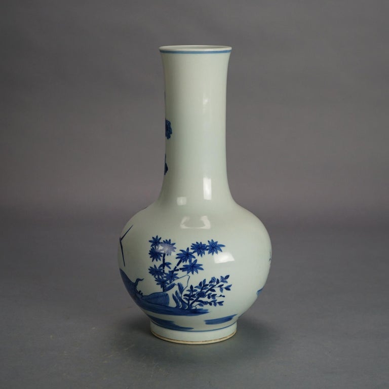 Chinese Blue & White Pottery Bottle Vase with Garden Scene & Deer 20thC