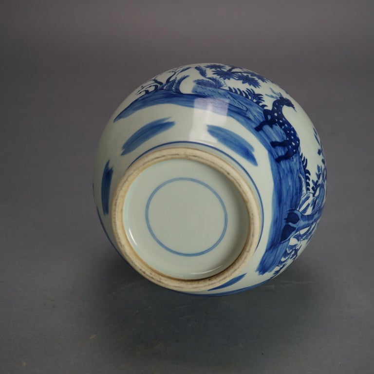 Chinese Blue & White Pottery Bottle Vase with Garden Scene & Deer 20thC