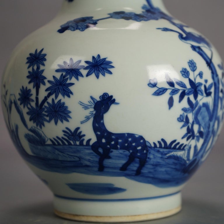 Chinese Blue & White Pottery Bottle Vase with Garden Scene & Deer 20thC
