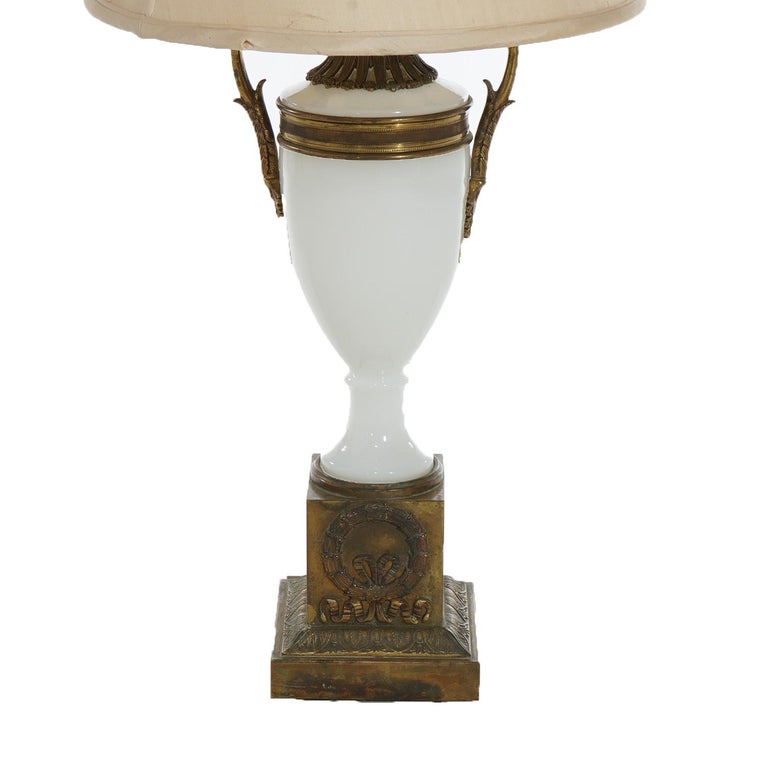 Antique Neoclassical Bronze and Opaline Glass Urn Form Table Lamp C1920