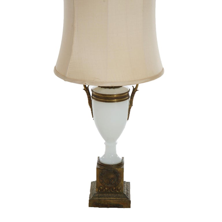 Antique Neoclassical Bronze and Opaline Glass Urn Form Table Lamp C1920