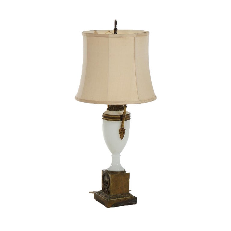 Antique Neoclassical Bronze and Opaline Glass Urn Form Table Lamp C1920