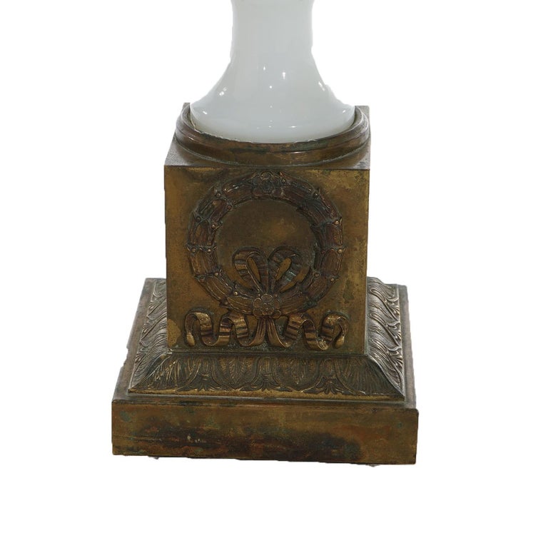 Antique Neoclassical Bronze and Opaline Glass Urn Form Table Lamp C1920