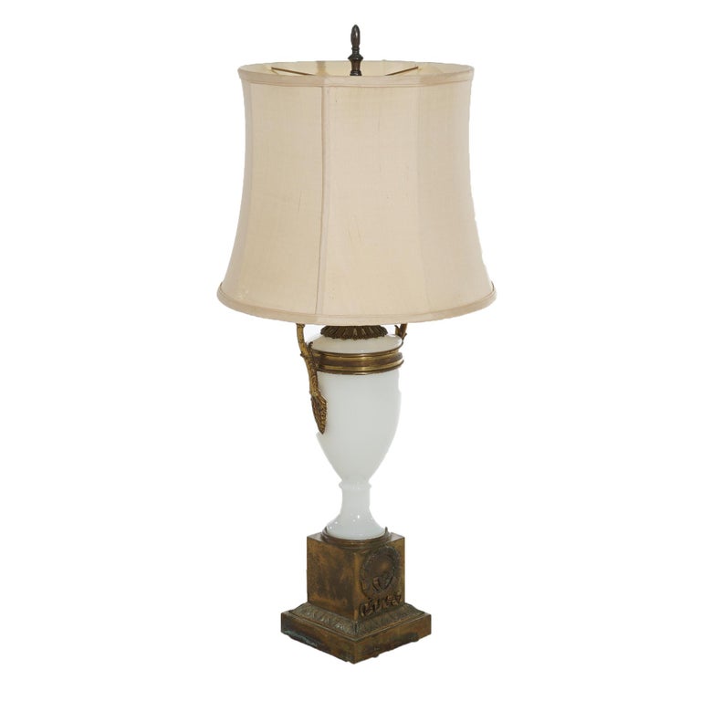 Antique Neoclassical Bronze and Opaline Glass Urn Form Table Lamp C1920