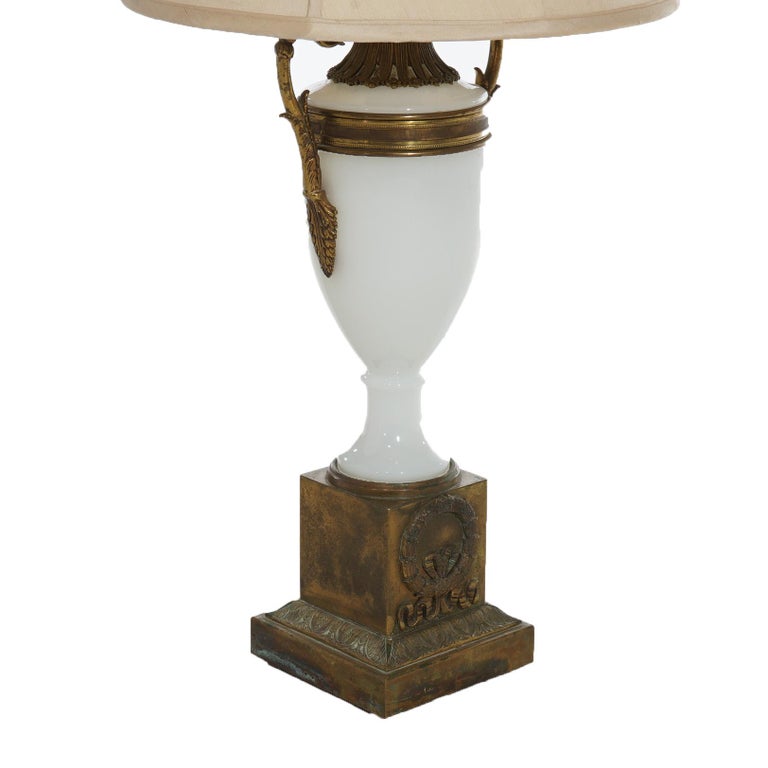 Antique Neoclassical Bronze and Opaline Glass Urn Form Table Lamp C1920