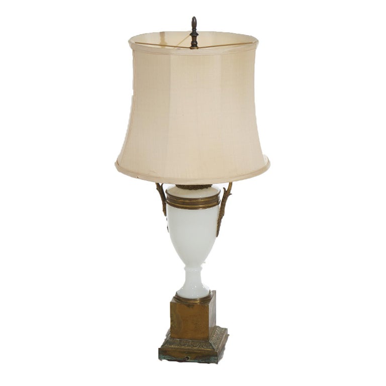 Antique Neoclassical Bronze and Opaline Glass Urn Form Table Lamp C1920