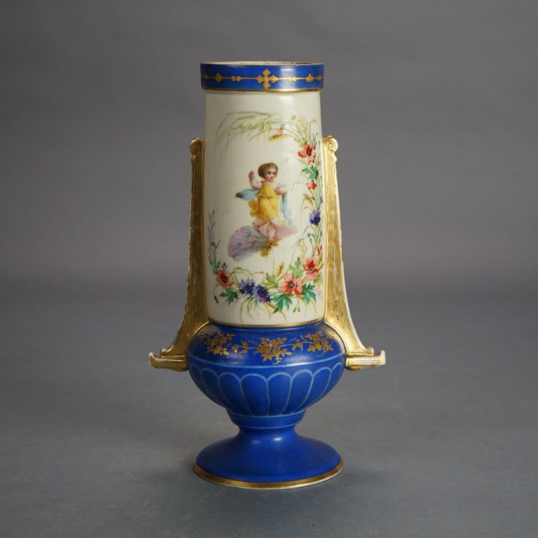 Antique Old Paris Porcelain Portrait Vase with Young Girl & Gilt Highlight C1890