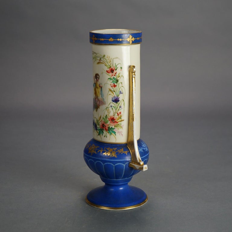 Antique Old Paris Porcelain Portrait Vase with Young Girl & Gilt Highlight C1890