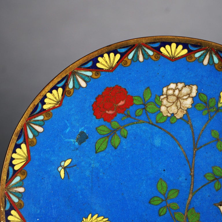 Antique Japanese Meiji Cloisonné Enameled Charger with Flowers & Bird C1920
