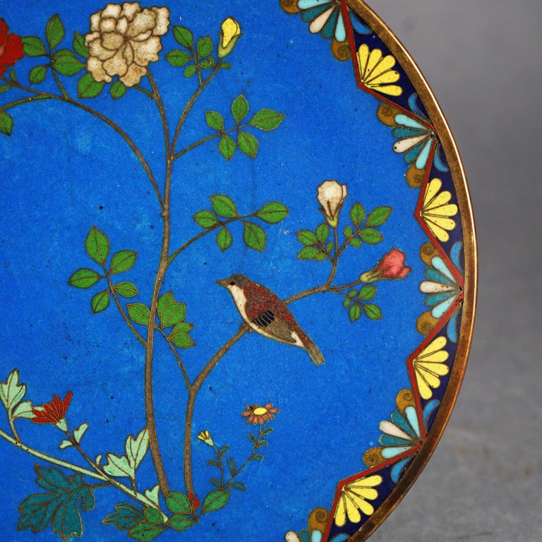 Antique Japanese Meiji Cloisonné Enameled Charger with Flowers & Bird C1920