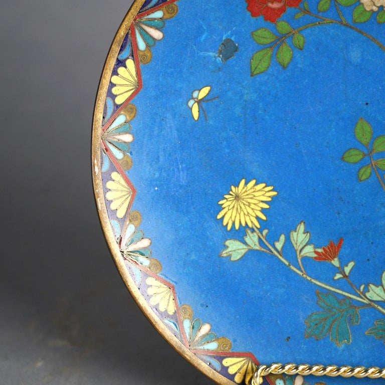 Antique Japanese Meiji Cloisonné Enameled Charger with Flowers & Bird C1920