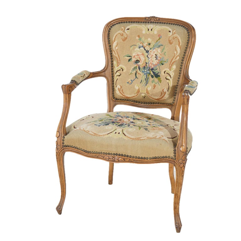 Antique French Louis XV Style Carved Walnut Needlepoint Upholstered Chair C1920