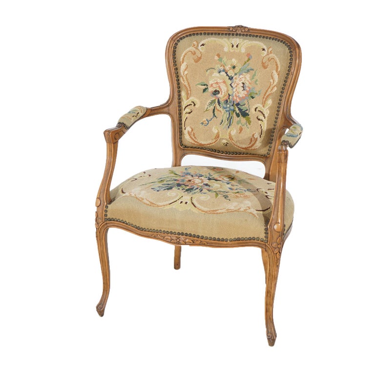 Antique French Louis XV Style Carved Walnut Needlepoint Upholstered Chair C1920