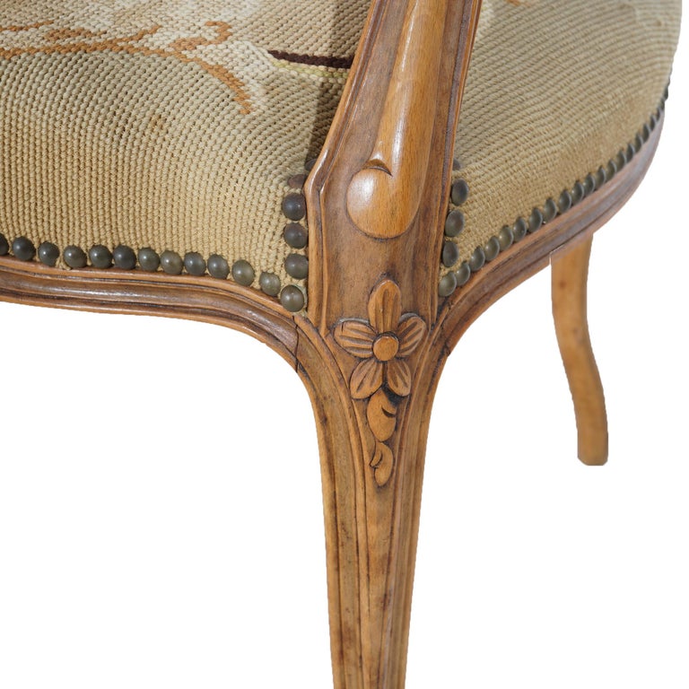 Antique French Louis XV Style Carved Walnut Needlepoint Upholstered Chair C1920