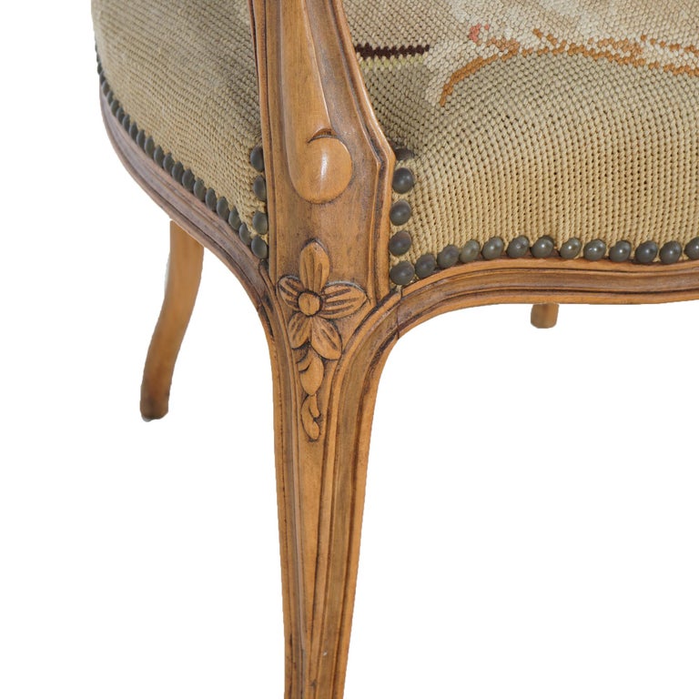 Antique French Louis XV Style Carved Walnut Needlepoint Upholstered Chair C1920