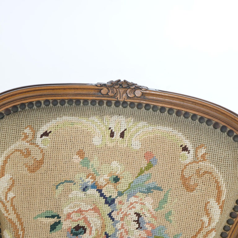 Antique French Louis XV Style Carved Walnut Needlepoint Upholstered Chair C1920