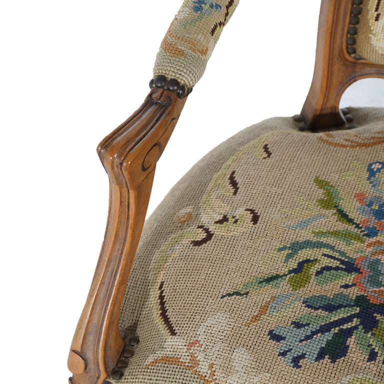 Antique French Louis XV Style Carved Walnut Needlepoint Upholstered Chair C1920