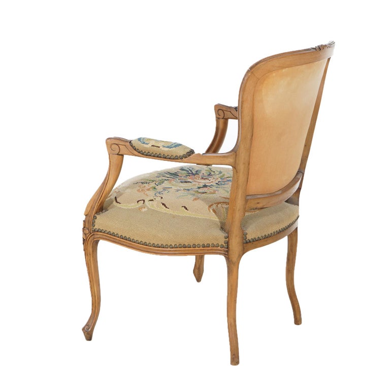 Antique French Louis XV Style Carved Walnut Needlepoint Upholstered Chair C1920