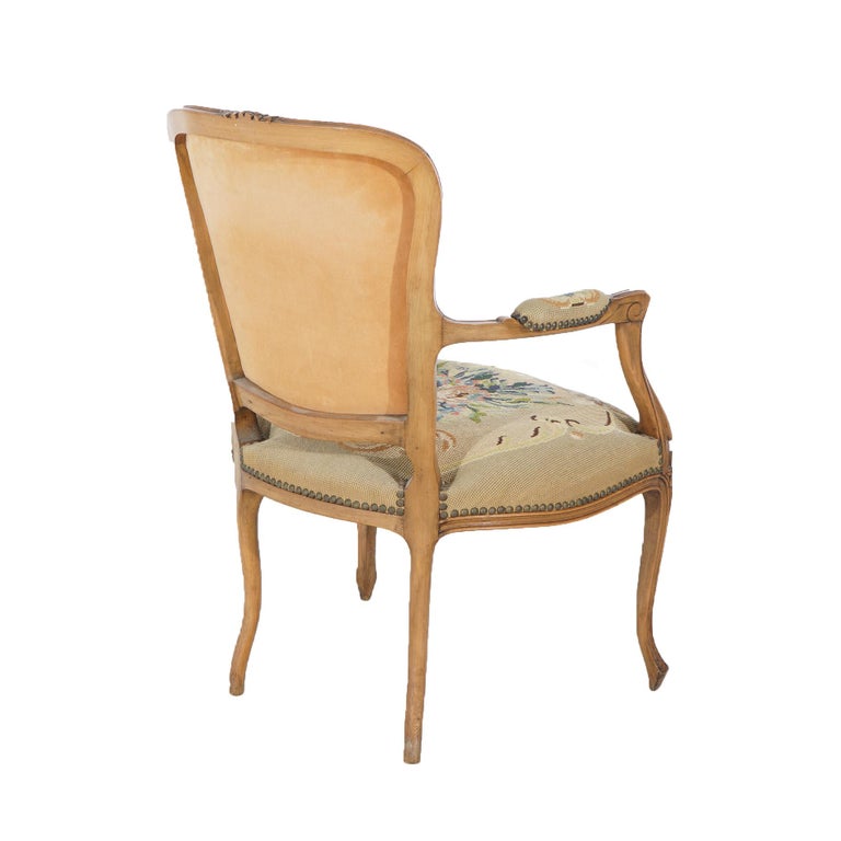 Antique French Louis XV Style Carved Walnut Needlepoint Upholstered Chair C1920