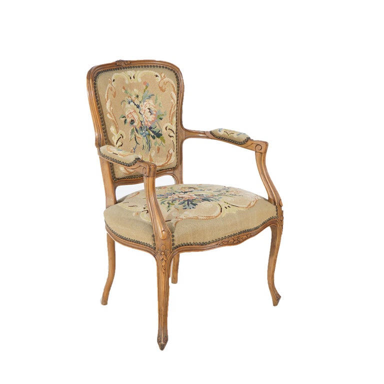 Antique French Louis XV Style Carved Walnut Needlepoint Upholstered Chair C1920