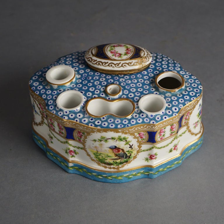 Antique Sevrés Porcelain Polychrome & Gilt Decorated Inkwell with Bird C1890