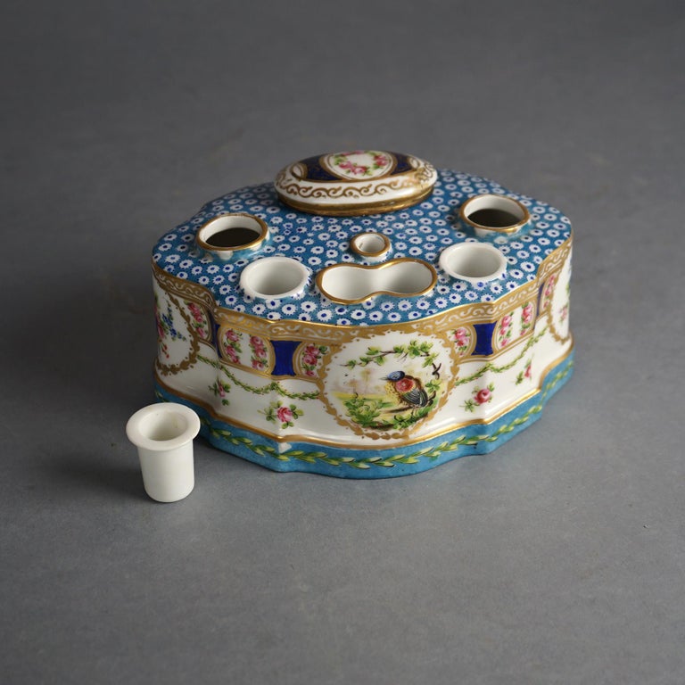 Antique Sevrés Porcelain Polychrome & Gilt Decorated Inkwell with Bird C1890