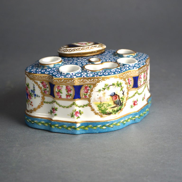 Antique Sevrés Porcelain Polychrome & Gilt Decorated Inkwell with Bird C1890