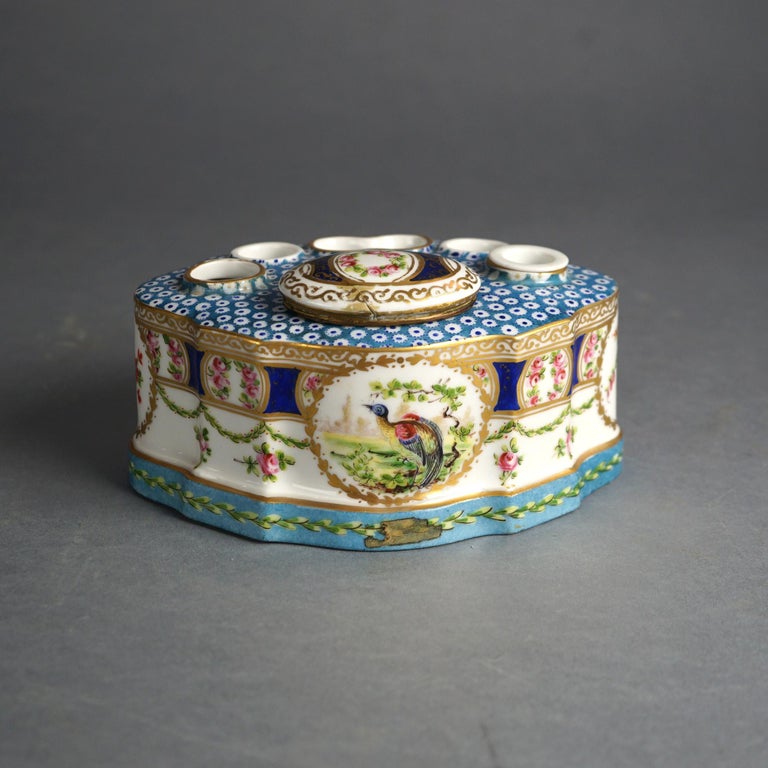 Antique Sevrés Porcelain Polychrome & Gilt Decorated Inkwell with Bird C1890