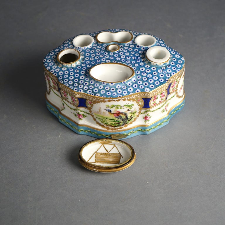 Antique Sevrés Porcelain Polychrome & Gilt Decorated Inkwell with Bird C1890