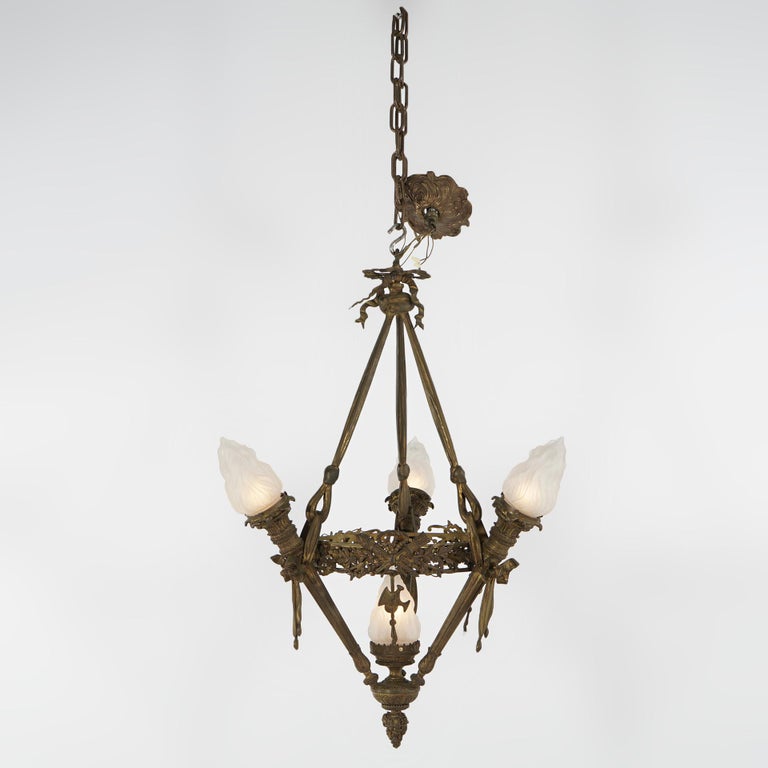 Antique Gilt Bronze French Empire Figural Four Light Torch Hanging Fixture C1920