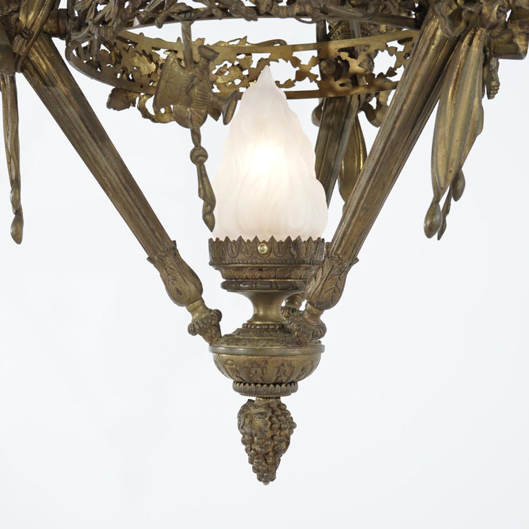 Antique Gilt Bronze French Empire Figural Four Light Torch Hanging Fixture C1920