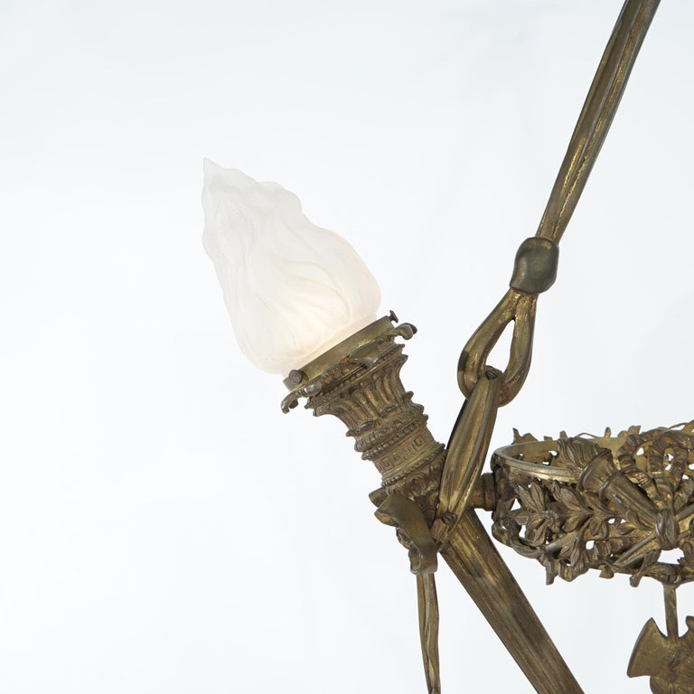 Antique Gilt Bronze French Empire Figural Four Light Torch Hanging Fixture C1920