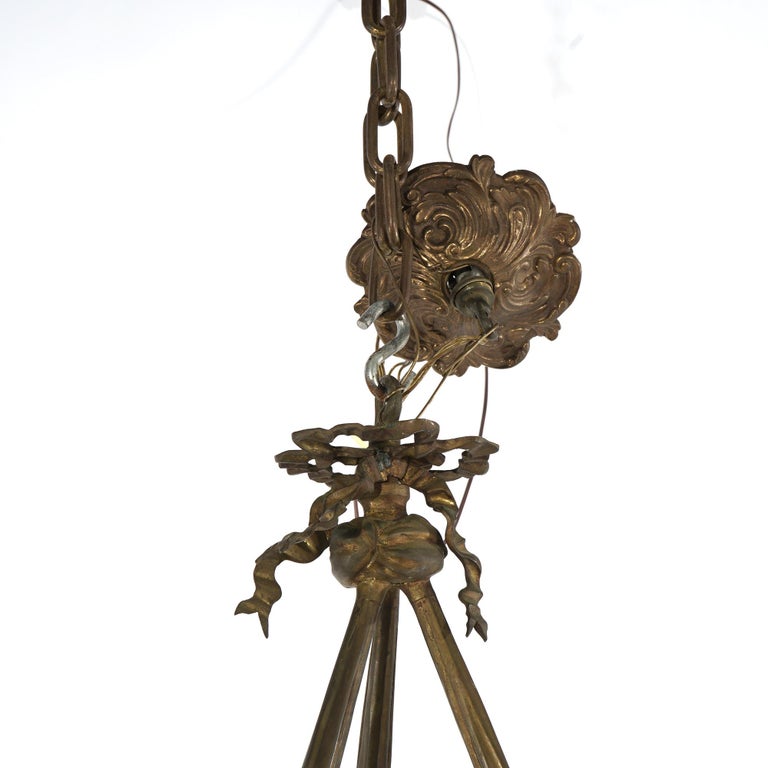 Antique Gilt Bronze French Empire Figural Four Light Torch Hanging Fixture C1920
