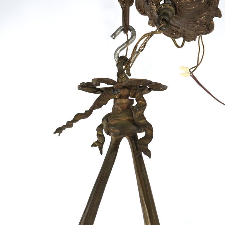 Antique Gilt Bronze French Empire Figural Four Light Torch Hanging Fixture C1920