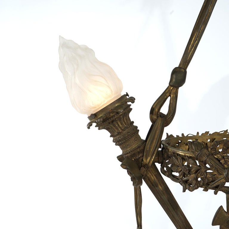 Antique Gilt Bronze French Empire Figural Four Light Torch Hanging Fixture C1920