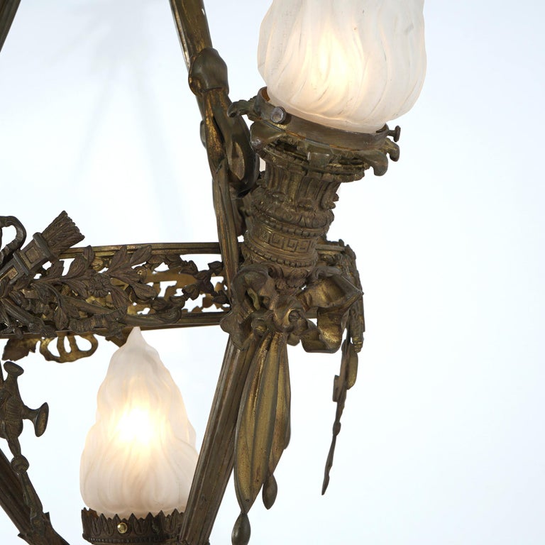 Antique Gilt Bronze French Empire Figural Four Light Torch Hanging Fixture C1920