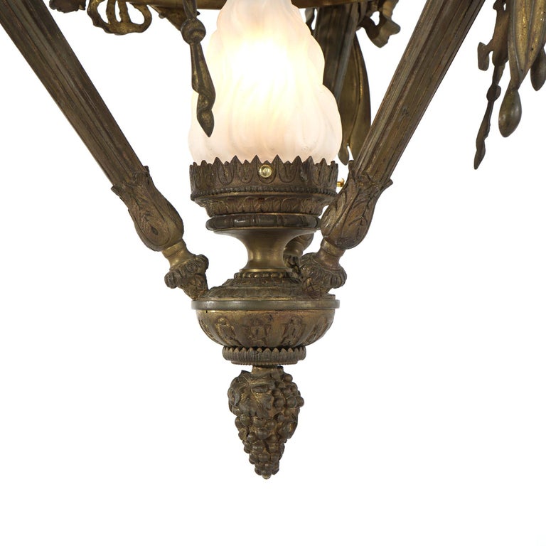 Antique Gilt Bronze French Empire Figural Four Light Torch Hanging Fixture C1920