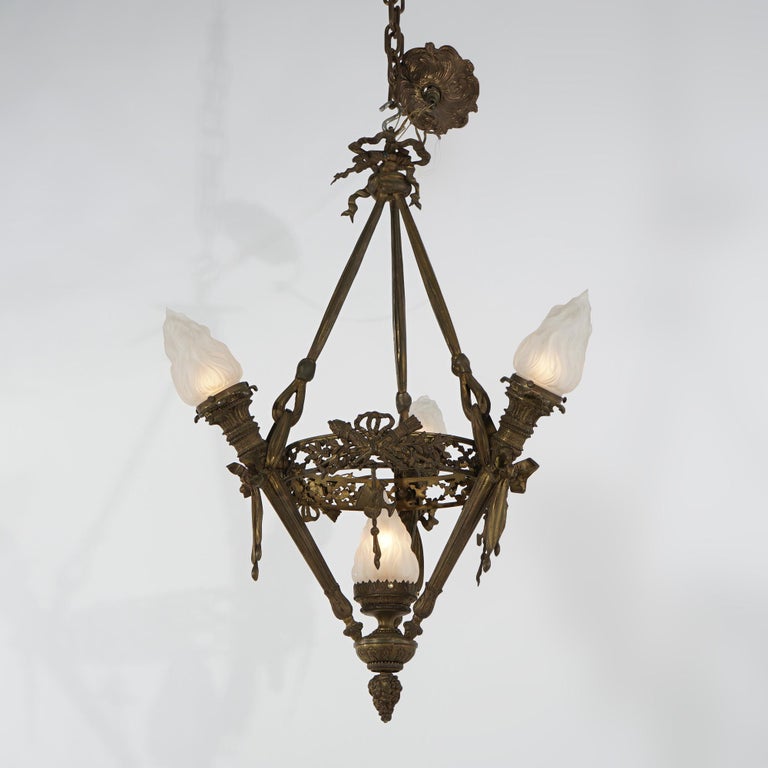 Antique Gilt Bronze French Empire Figural Four Light Torch Hanging Fixture C1920