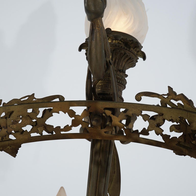 Antique Gilt Bronze French Empire Figural Four Light Torch Hanging Fixture C1920