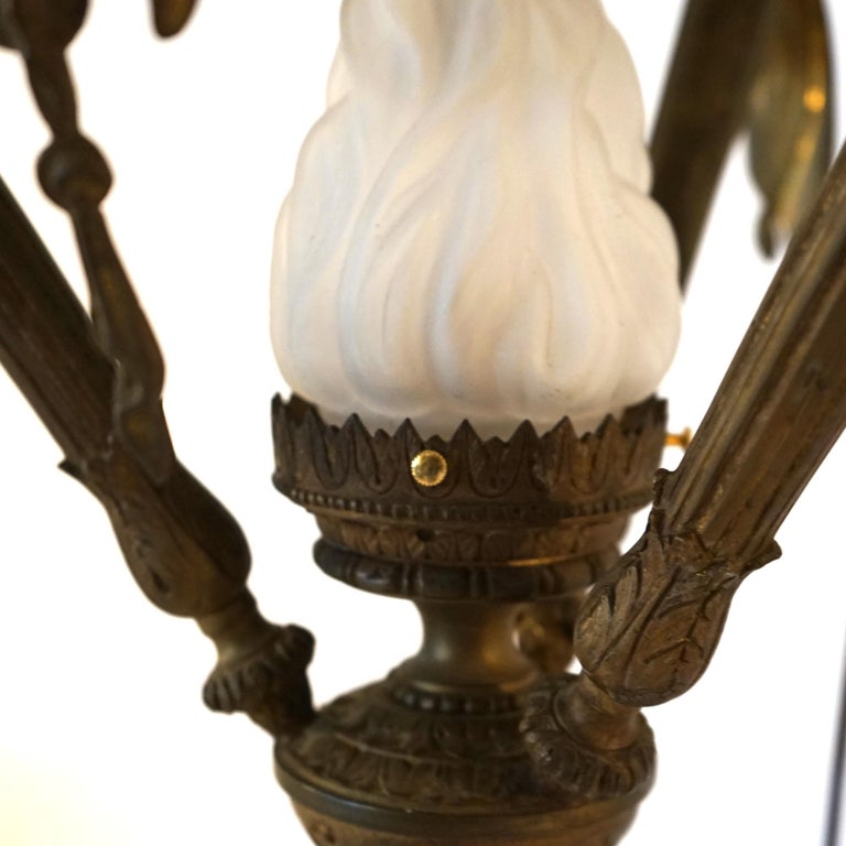 Antique Gilt Bronze French Empire Figural Four Light Torch Hanging Fixture C1920