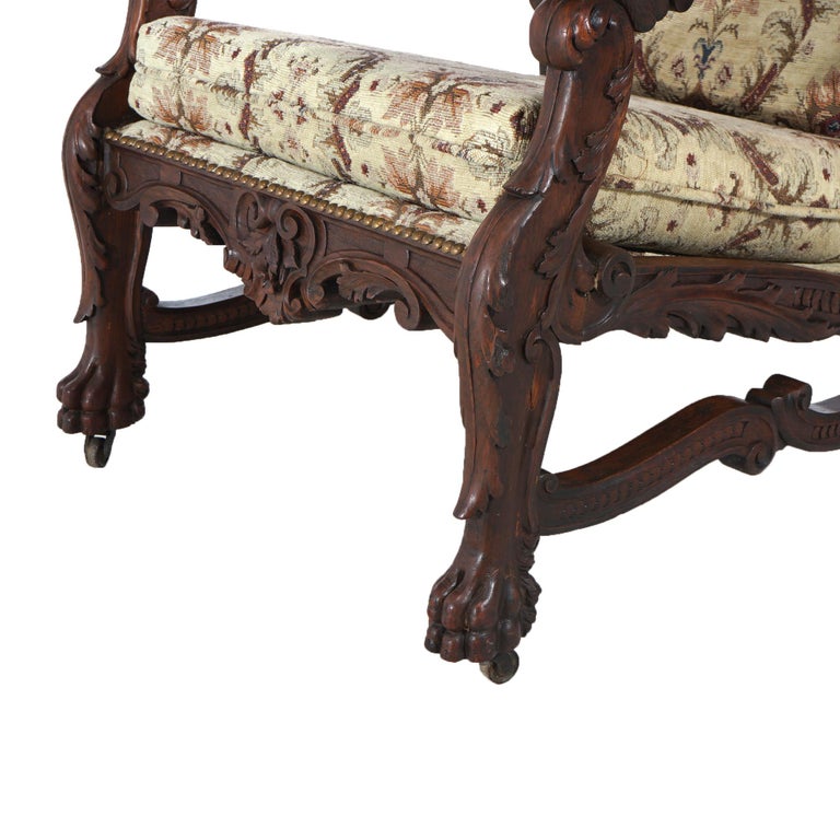 Antique Victorian Renaissance Revival Figural Carved Walnut Morris Chair C1890