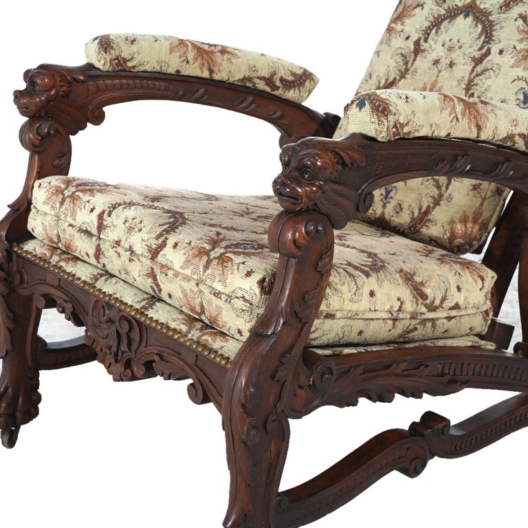 Antique Victorian Renaissance Revival Figural Carved Walnut Morris Chair C1890
