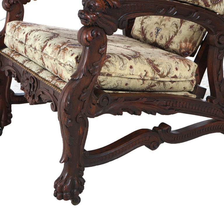Antique Victorian Renaissance Revival Figural Carved Walnut Morris Chair C1890