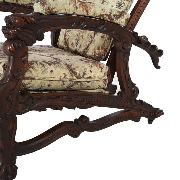 Antique Victorian Renaissance Revival Figural Carved Walnut Morris Chair C1890
