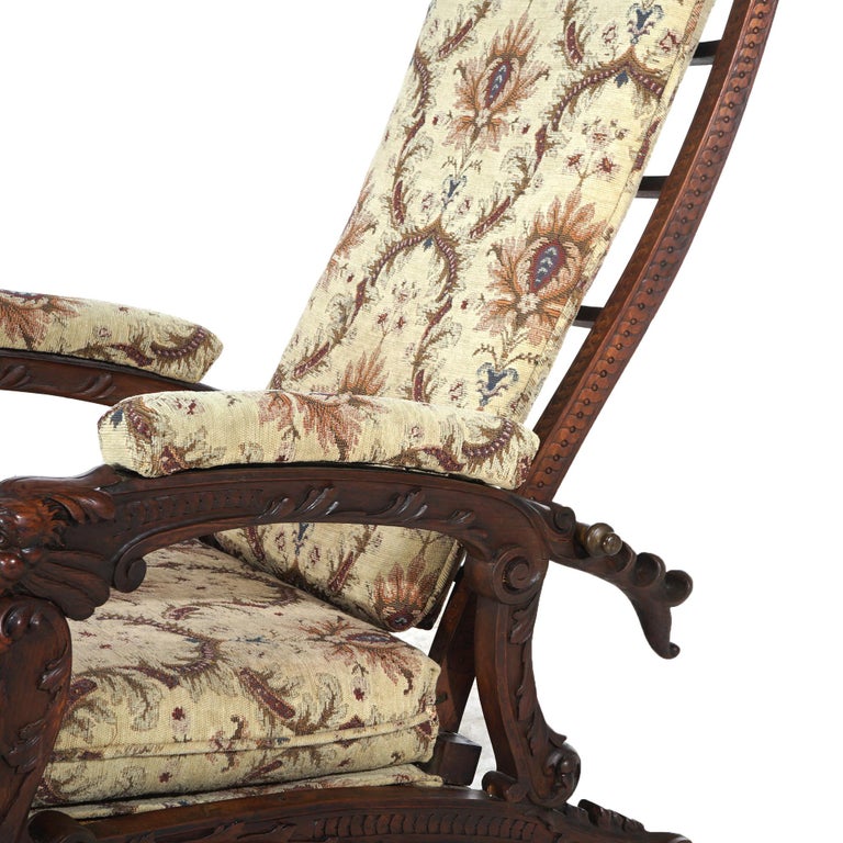 Antique Victorian Renaissance Revival Figural Carved Walnut Morris Chair C1890