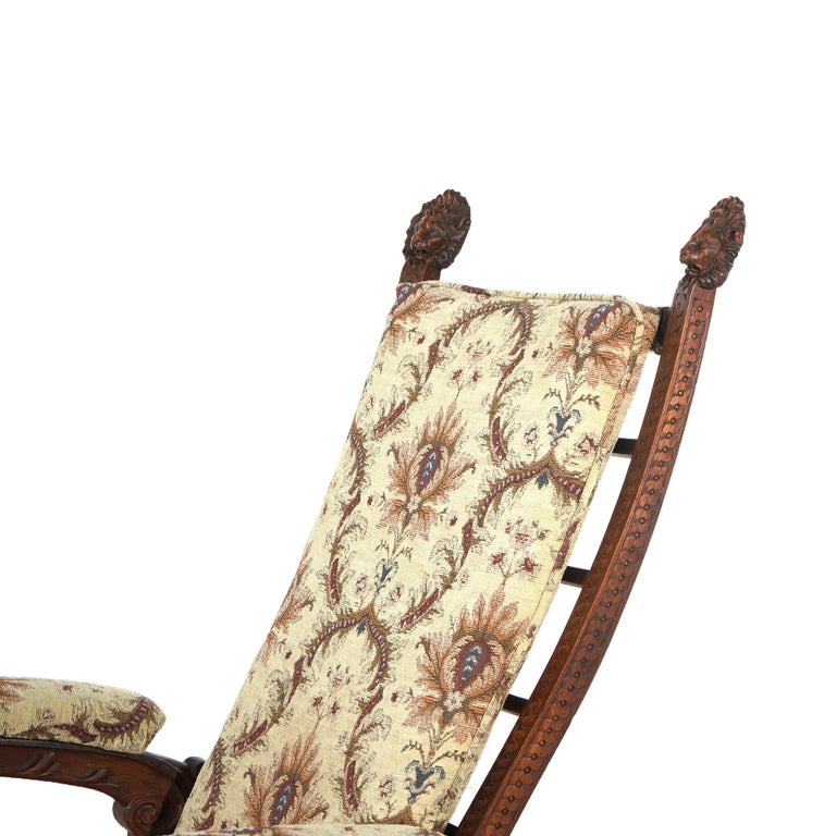 Antique Victorian Renaissance Revival Figural Carved Walnut Morris Chair C1890