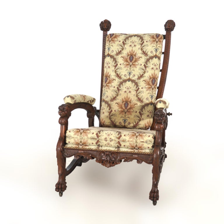 Antique Victorian Renaissance Revival Figural Carved Walnut Morris Chair C1890