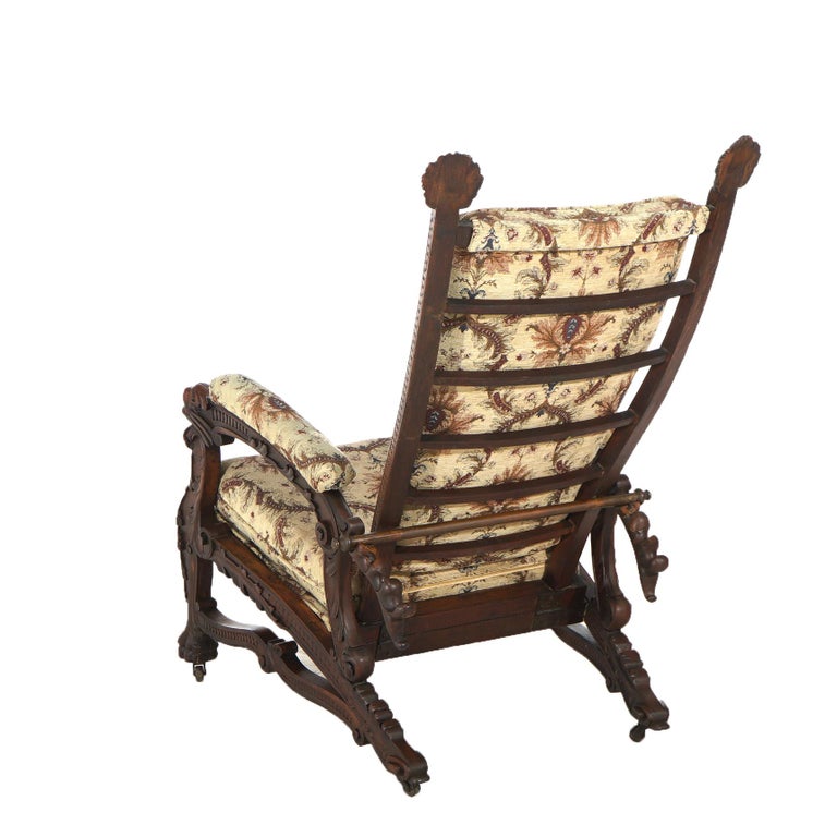 Antique Victorian Renaissance Revival Figural Carved Walnut Morris Chair C1890